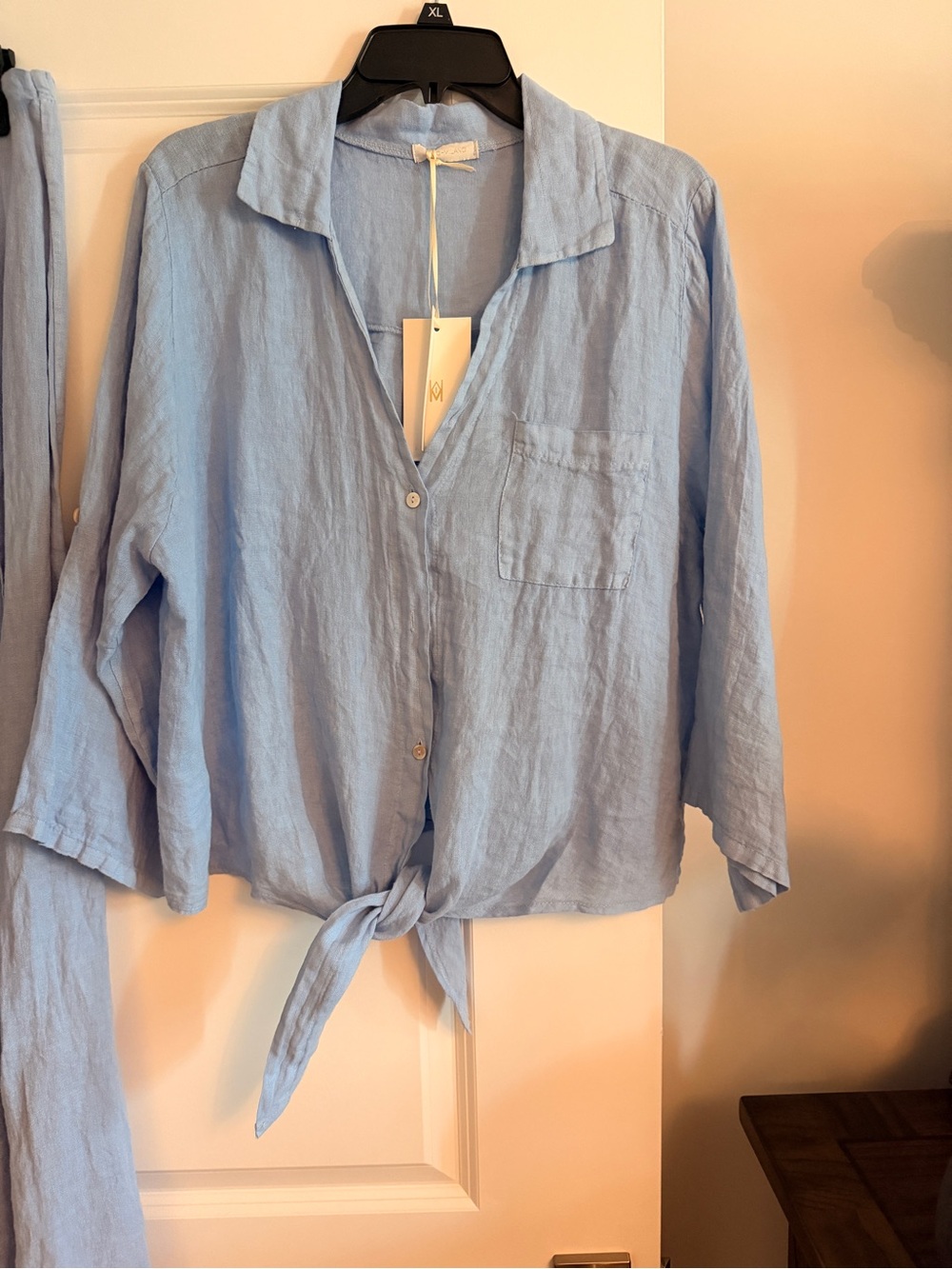 Light Blue Tie-Front Linen Button-Up Top and Pants Set